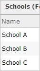 Screenshot der Attributtabelle des Layers "School" mit Angabe der Schulnamen im Feld "Name". Screenshot der Attributtabelle des Layers "School" mit Angabe der Schulnamen im Feld "Name".