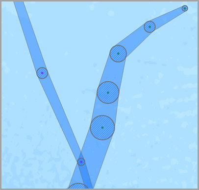 Eingabepunkte (grün), Zwischenpuffer für Visualisierung (blaue Schraffur) und resultierender Track (blau) Eingabepunkte (grün), Zwischenpuffer für Visualisierung (blaue Schraffur) und resultierender Track (blau)