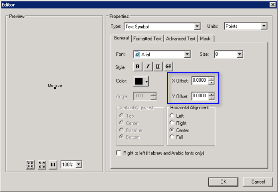 Einstellungen für X- und Y-Versatz in ArcMap Einstellungen für X- und Y-Versatz in ArcMap
